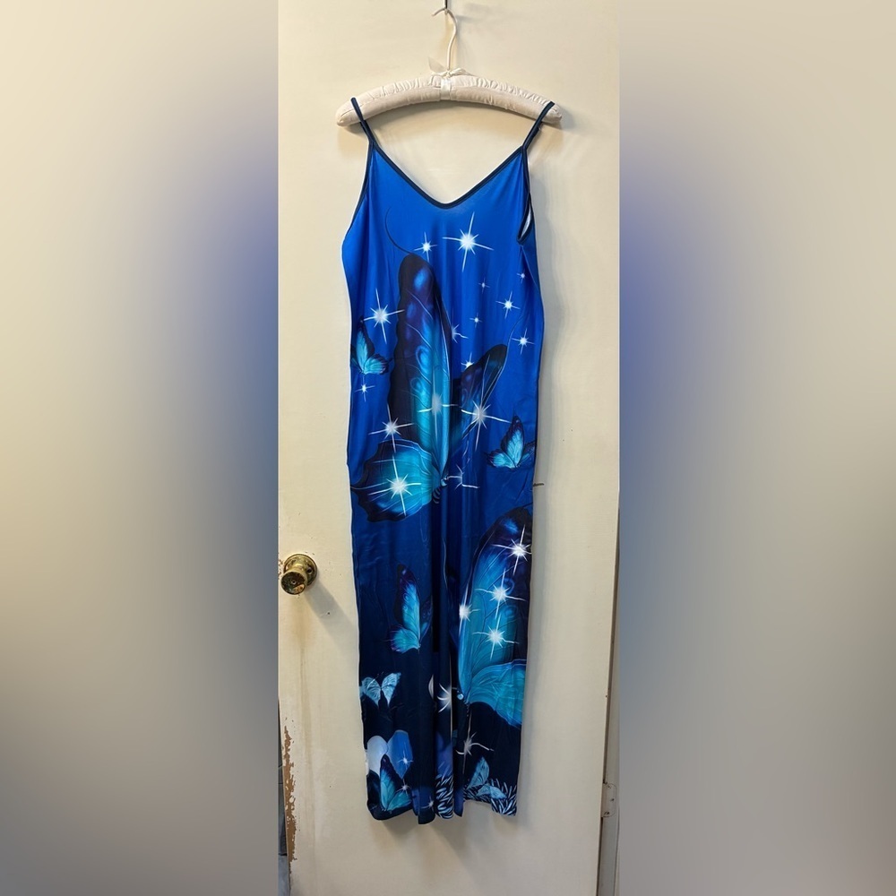 New Blue Butterfly Print sun dress adjustable straps size small